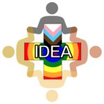 artwork depicting four human shaped figures holding hands configured to form a "plus sign" with the letters "I" "D" "E" "A" across the center. 